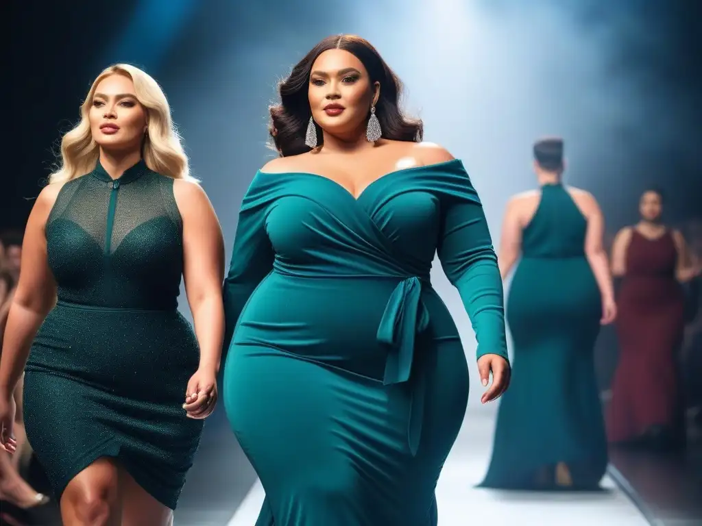Desfile de moda inclusivo y empoderador con modelos de tallas grandes Desfile de moda tallas plus size: modelos diversas exhiben su belleza única en una pasarela vibrante con apoyo y diversidad