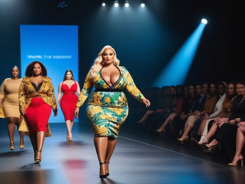 Desfile de moda inclusiva con modelos curvy empoderadas Desfile de moda tallas plus size con modelos seguras y empoderadas, mostrando diseños inclusivos y trendy