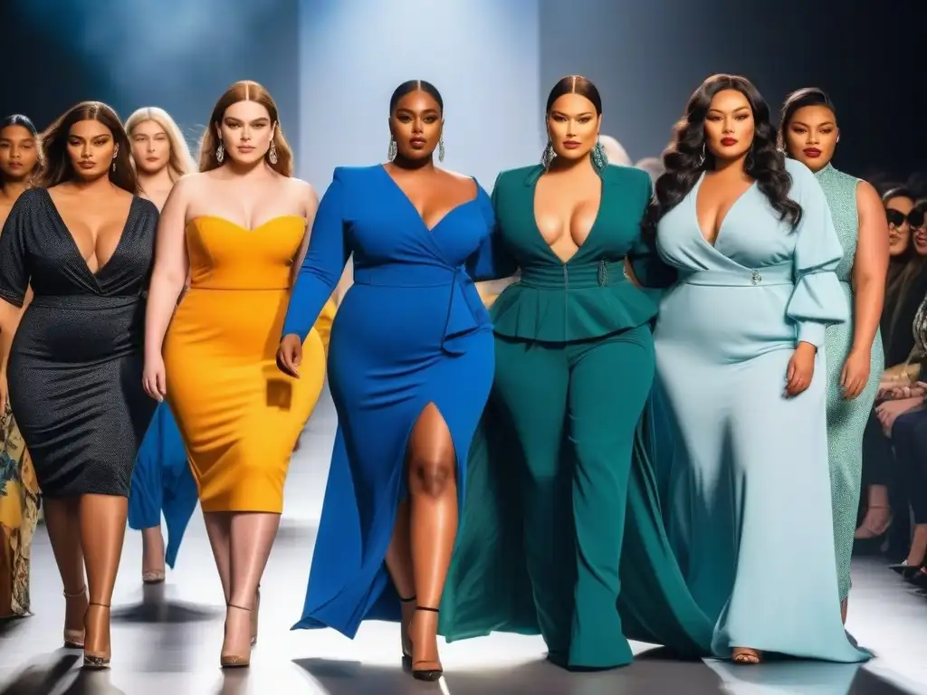 Desfile de moda plussize: Empoderamiento y diversidad en la pasarela Un desfile de moda de tallas plus size con modelos seguras y empoderadas