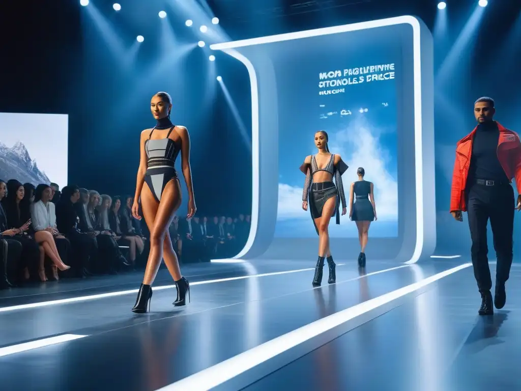 Desfile de moda ecoinnovador: moda sostenible y tecnología futurista Desfile de moda ecoconsciente con innovación tecnológica y prendas sostenibles en pasarela