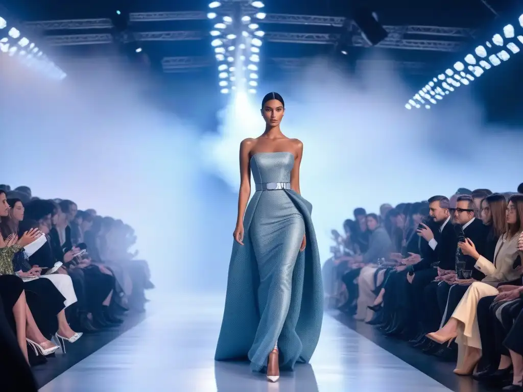 Desfile de moda: Tecnología textil futurista y sofisticada en pasarela Desfile de moda con tejidos adaptativos de lujo