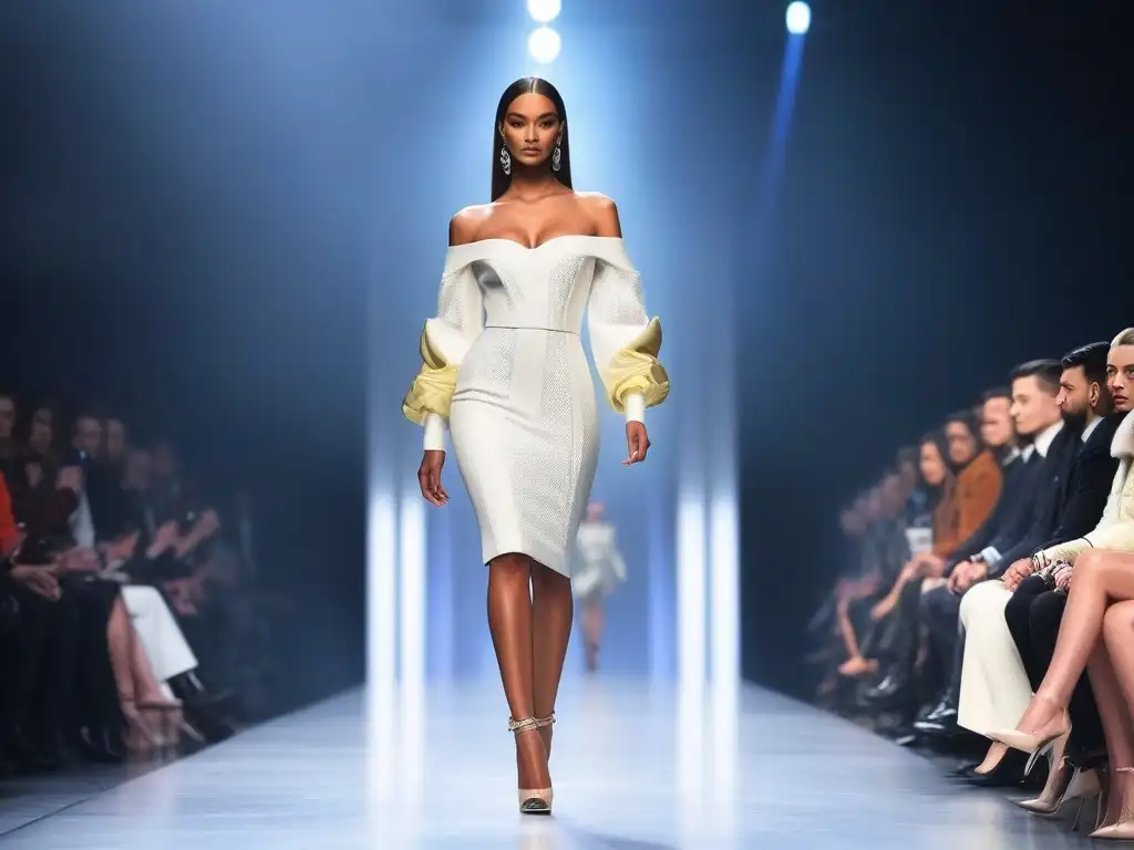 Desfile de moda petite: tendencias innovadoras en un escenario futurista Desfile de moda petite con tendencias innovadoras, modelos elegantes y seguros caminando por una pasarela futurista