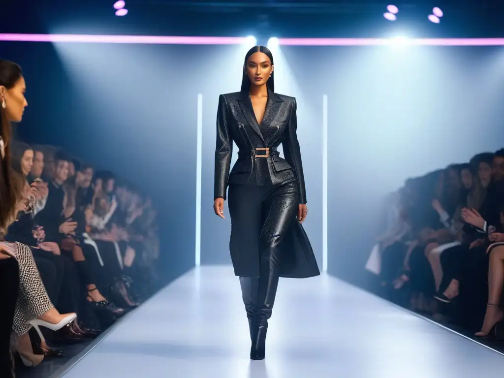 Desfile futurista: moda diversa e inclusiva en pasarela Un desfile de moda ultra detallado con modelos diversos, representando la diversidad en desfiles de moda