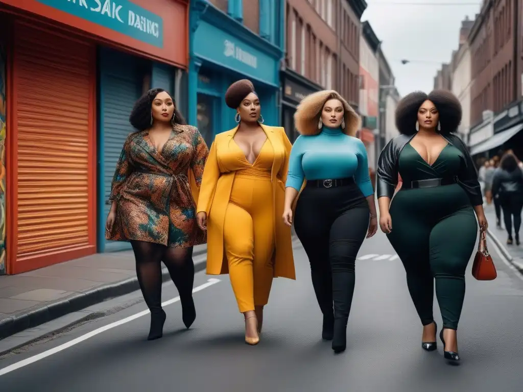Desfile moda plus size en la ciudad: diversidad y estilo Un desfile de moda urbana con modelos de talla grande, luciendo marcas inclusivas y modernas en la ciudad