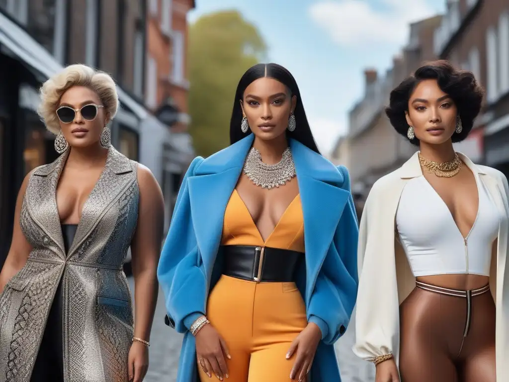 Moda inclusiva: Grupo diverso en la ciudad Un desfile de moda urbano incluyente y empoderado con modelos de diversas tallas y etnias, luciendo elegantes y accesorios de lujo
