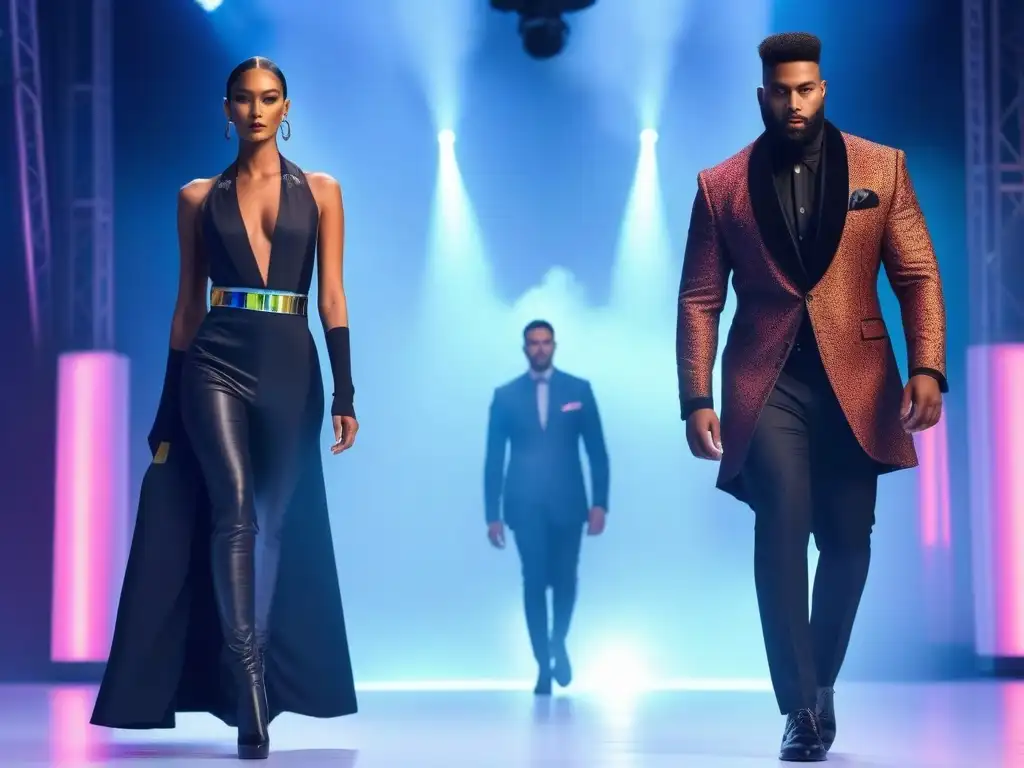 Desfile inclusivo de moda alta: diversidad y estilo futurista Desfile de moda vibrante y diverso con modelos de distintas alturas, tallas y etnias, luciendo prendas trendy y inclusivas