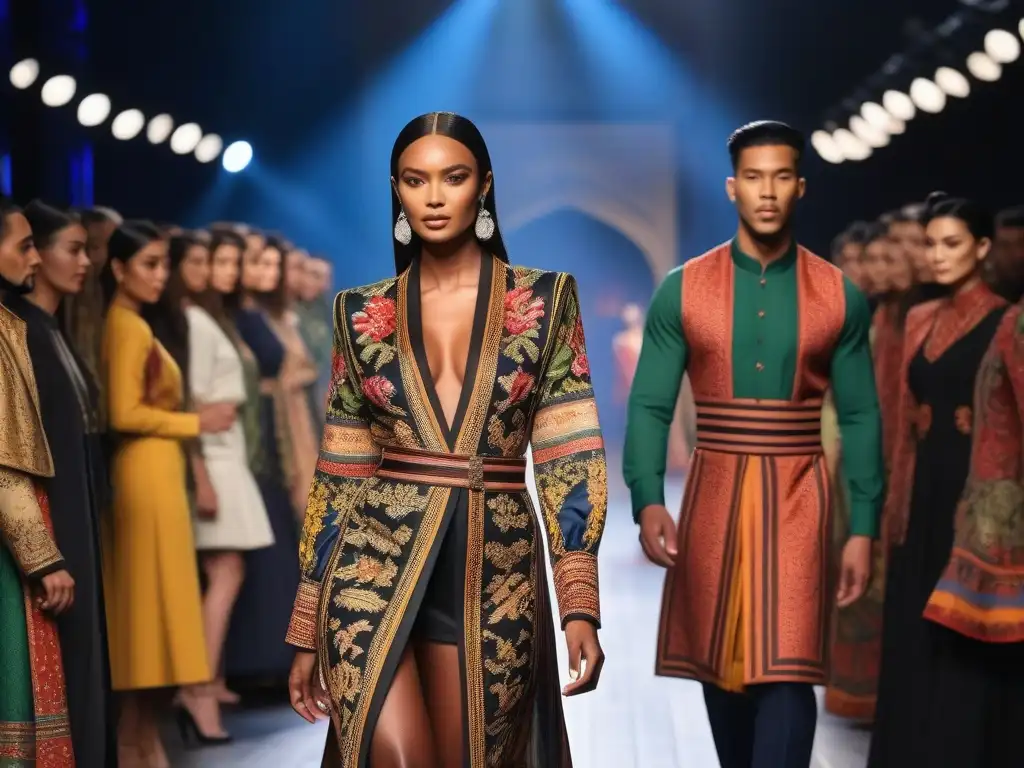 Pasarela multicultural: moda étnica y diversidad Desfile de moda vibrante y diverso con modelos de distintos orígenes culturales luciendo atuendos tradicionales y contemporáneos