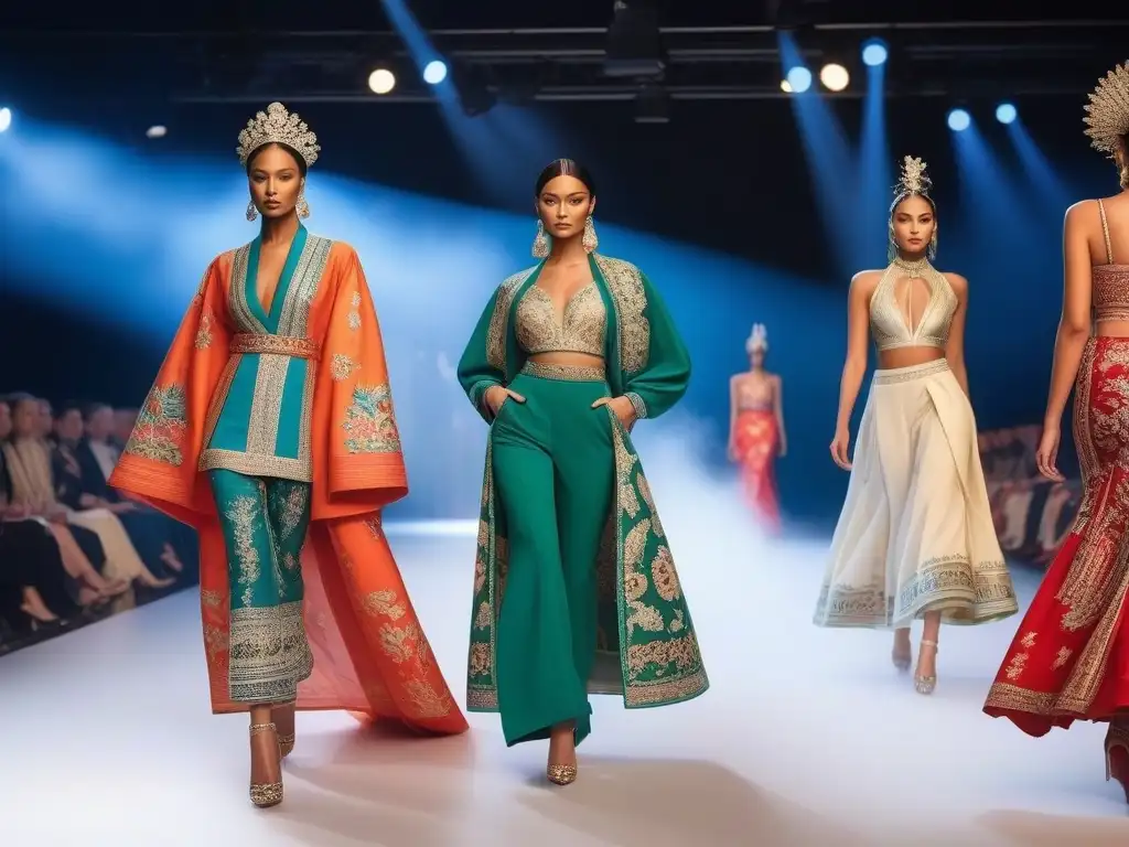 Pasarela multicultural: moda étnica vibrante y diversa Un desfile de moda vibrante con modelos de diversas culturas luciendo trajes tradicionales de todo el mundo