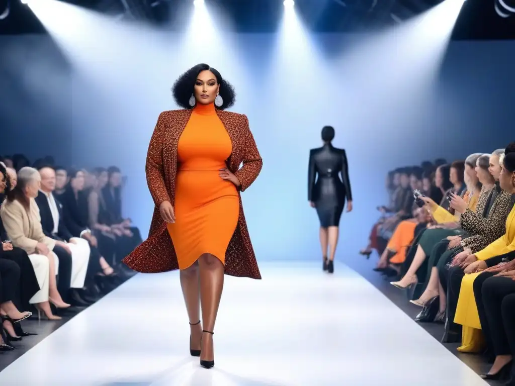 Desfile de moda para altas: diversidad, estilo y empoderamiento Desfile de modelos altas con diseños chic de marcas moda inclusiva para altas, irradiando confianza y empoderamiento en la pasarela luminosa