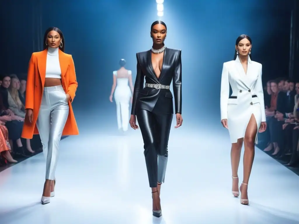 Desfile de moda alto impacto: modelos empoderadas y elegantes en pasarela Desfile de modelos altas mostrando moda tall inclusiva y diversa con confianza y elegancia