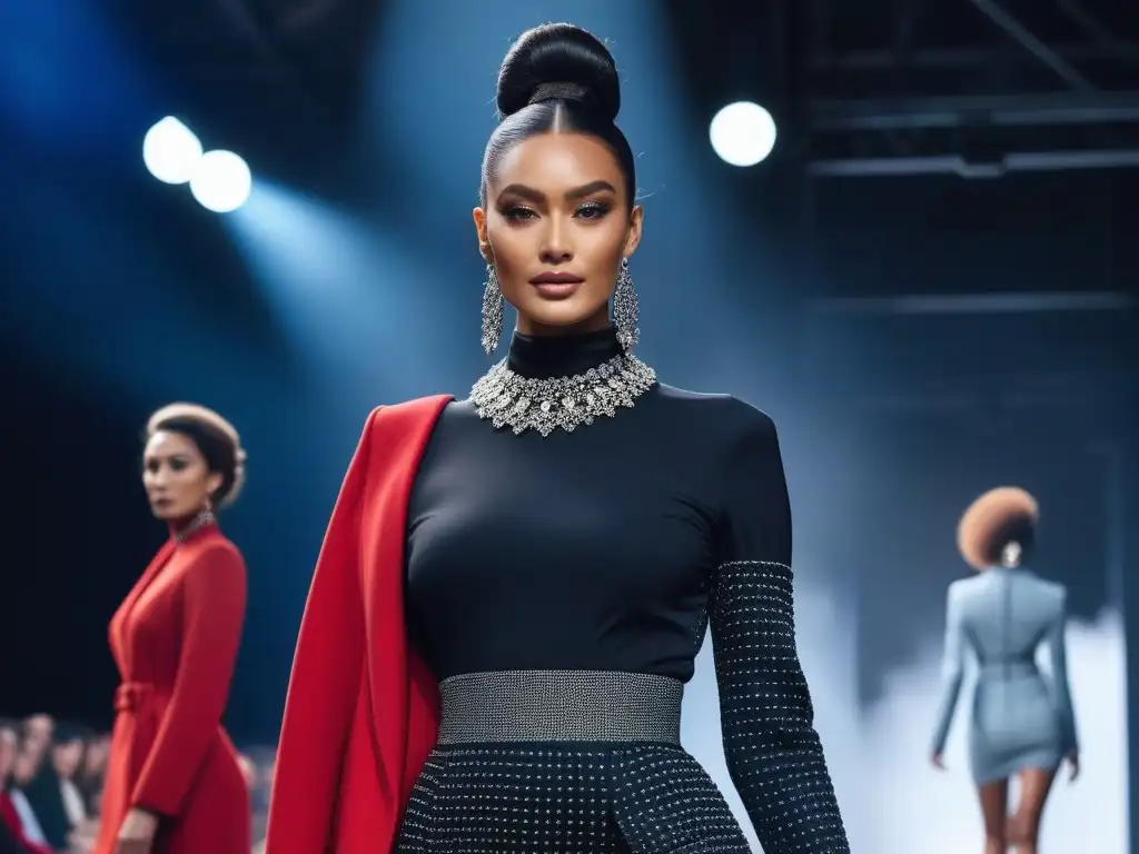 Desfile de moda alta: diversidad y estilo en la pasarela Desfile de modelos altos diverso y seguro, exhibiendo moda tall y autoaceptación en una pasarela vibrante y moderna