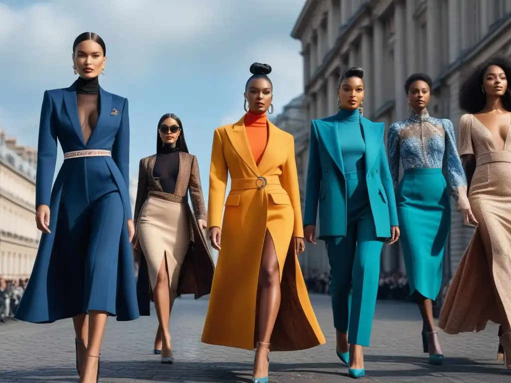 Desfile de moda alta: elegancia y diversidad global Desfile de modelos altos mostrando moda inclusiva en una pasarela con fondo de ciudad