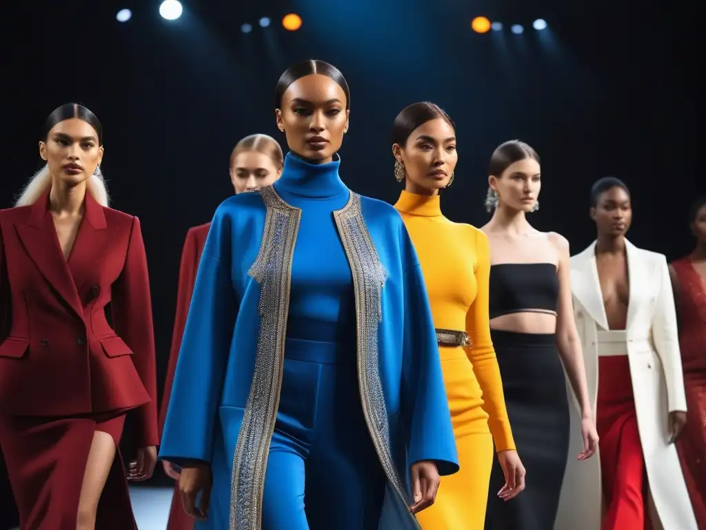 Desfile de moda para altos: diversidad y estilo en la pasarela Desfile de modelos altos y diversos luciendo moda para personas altas tendencias en una pasarela urbana iluminada