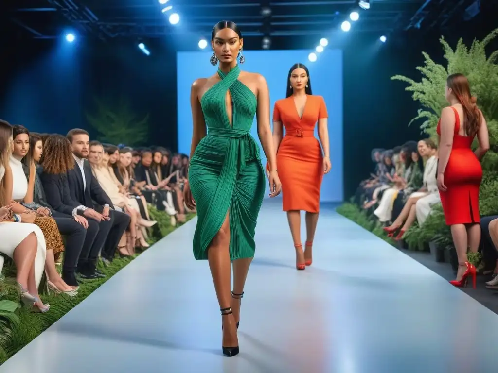 Desfile sostenible: moda inclusiva en pasarela eco-friendly Desfile de modelos de diferentes cuerpos y etnias en una pasarela de moda sostenible