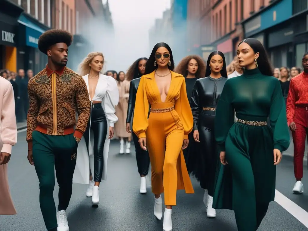 Desfile urbano de modelos diversos con estilo y empoderamiento Desfile de modelos diversos en la ciudad, expresando inclusión en la moda de tallas