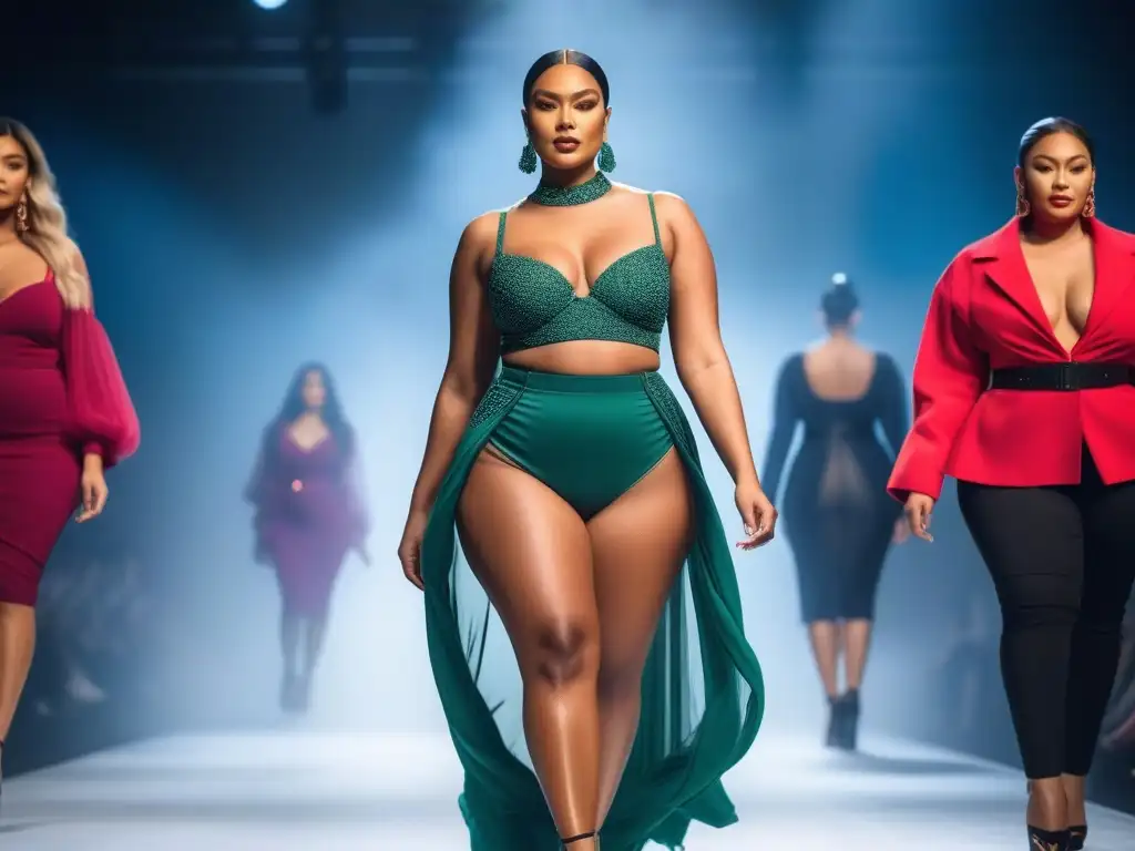 Desfile de moda inclusivo: Celebrando la diversidad y la moda empowerment Desfile de modelos diversos con diseños inclusivos y vibrantes, representando el activismo body positive en moda