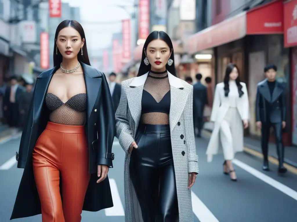 Desfile de modelos altos en Seúl: moda innovadora y diversidad Un desfile de modelos diversos y con estilo caminando por una bulliciosa calle de Seúl, mostrando las últimas tendencias de moda tall