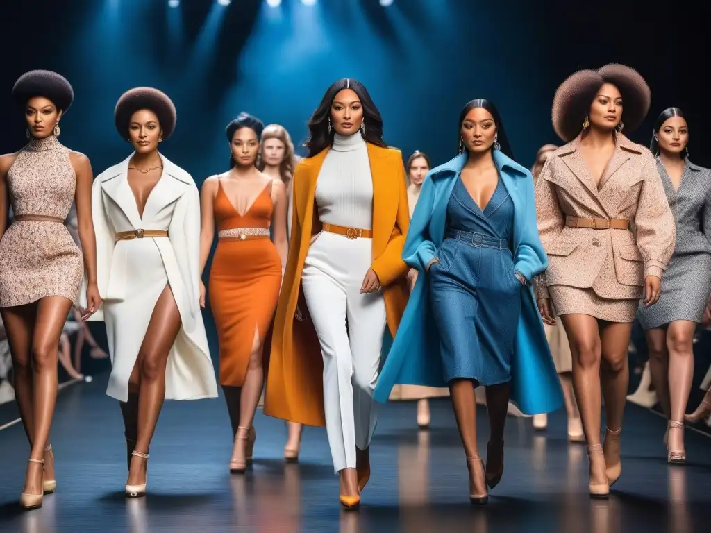 Desfile diverso y revolucionario de modelos de los 60 y 70 Desfile de modelos diversos de la industria de la moda de los 60s y 70s, representando la diversidad y la inclusión