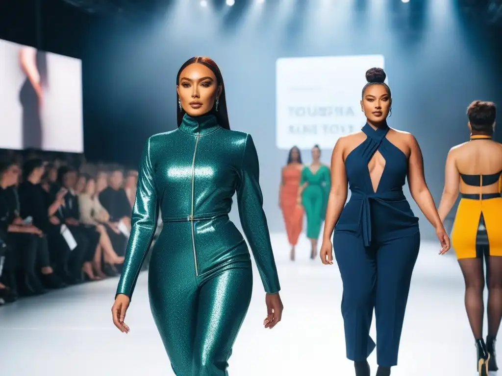 Desfile inclusivo de moda sostenible: diversidad y estilo Desfile de modelos diversos con marcas moda inclusiva sostenible en pasarela futurista