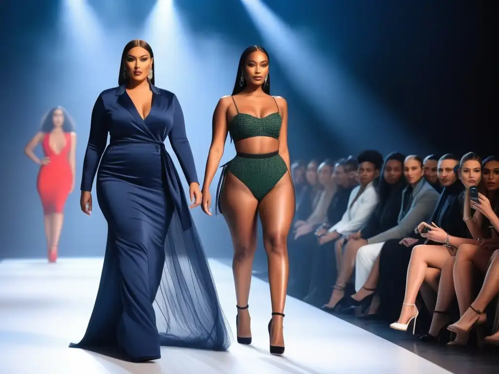 Desfile inclusivo de modelos: diversidad y elegancia en la pasarela Desfile de modelos diversos en pasarela elegante, representando la belleza del modelaje inclusivo todas tallas alturas