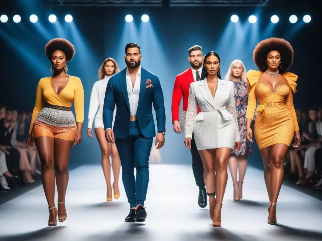 Desfile de moda inclusivo con modelos diversos en pasarela moderna Desfile de modelos diversos en una pasarela, mostrando marcas de moda inclusivas tallas