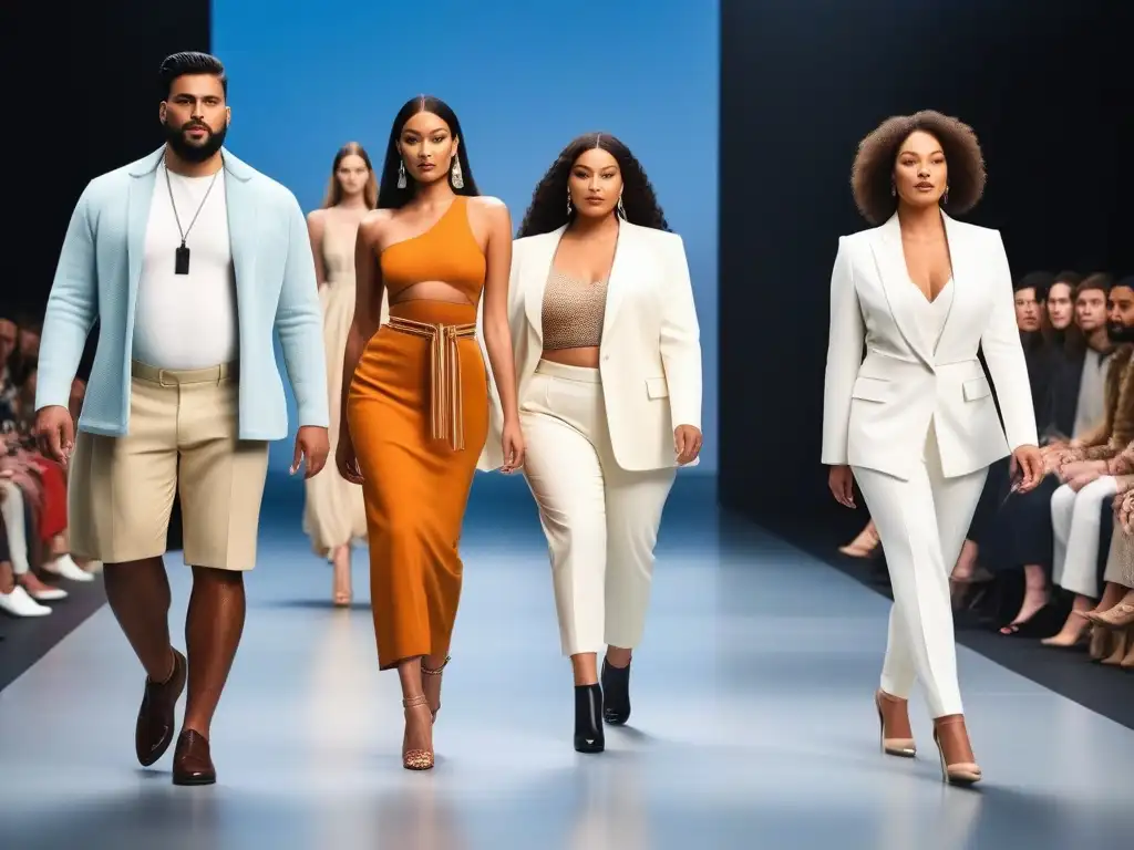 Pasarela eco-friendly: moda inclusiva y sostenible Desfile de modelos diversos en pasarela con moda sostenible, representando marcas moda tallas específicas sostenibles
