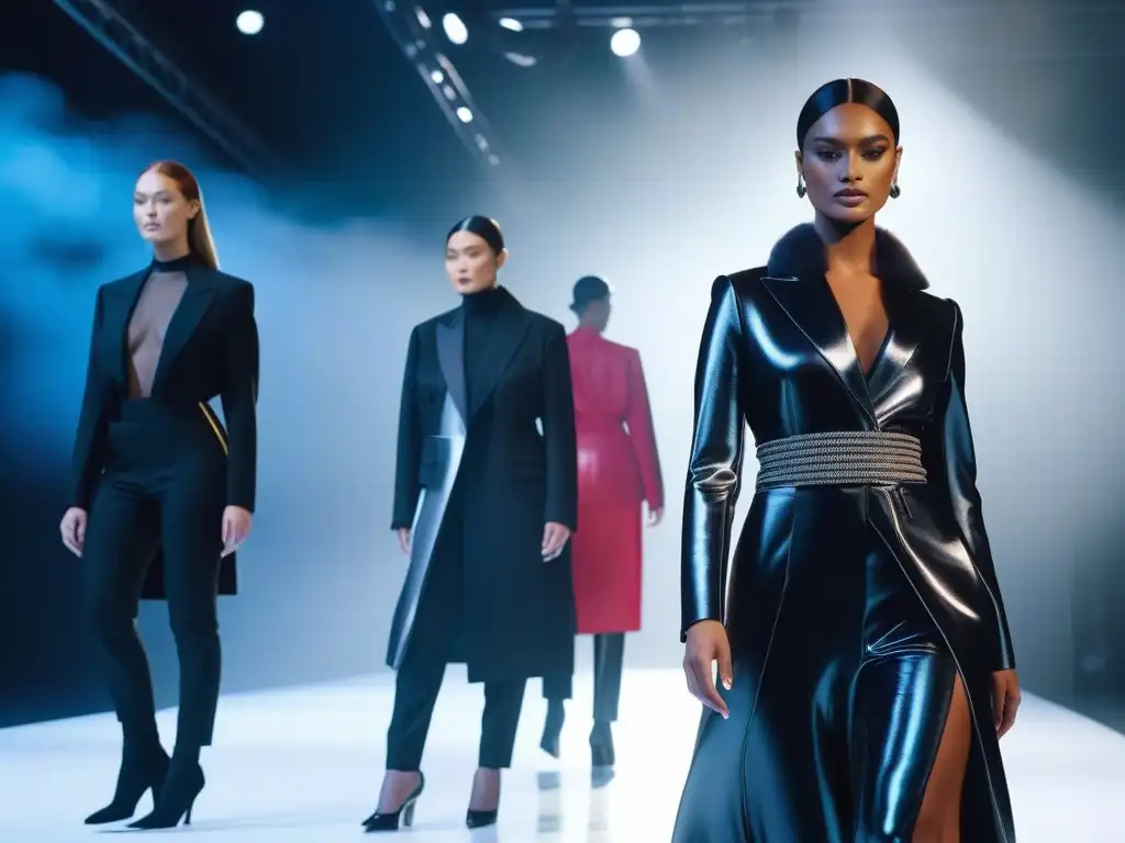 Desfile inclusivo: diversidad y estilo en pasarela futurista Desfile de modelos diversos en una pasarela futurista, luciendo marcas de moda inclusivas triunfadoras