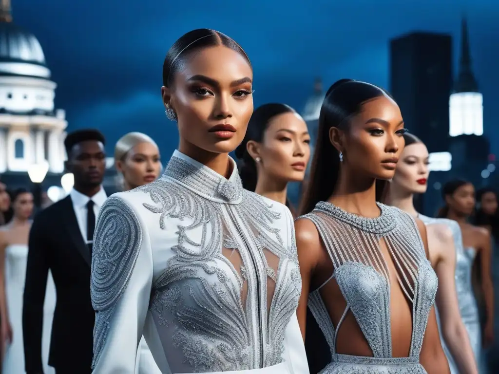 Desfile de moda inclusivo: modelos empoderadas en pasarela futurista Desfile de modelos tall redefiniendo estándares belleza con elegancia y diversidad en pasarela futurista