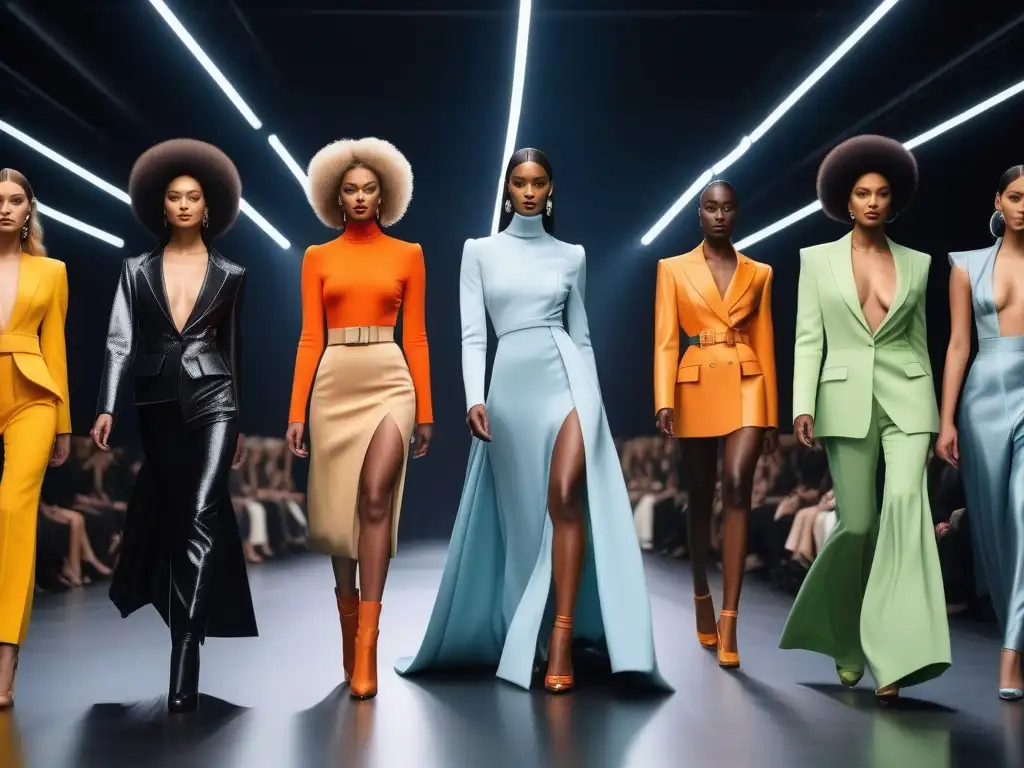 Desfile de modelos altas deslumbrantes en la pasarela Desfile de modelos tall redefiniendo estándares de belleza con estilo y empoderamiento en pasarela futurista