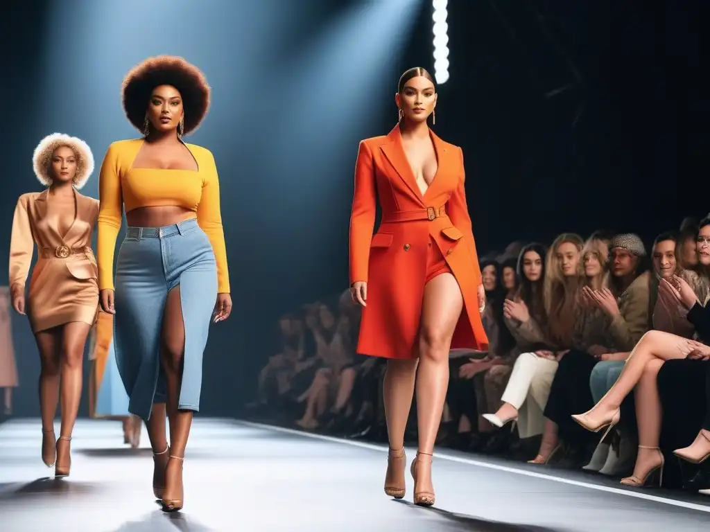 Desfile de moda inclusivo: belleza en todas las tallas y alturas Desfile de modelos inclusivo: todas las tallas y alturas desfilan con confianza y estilo único en una pasarela brillantemente iluminada