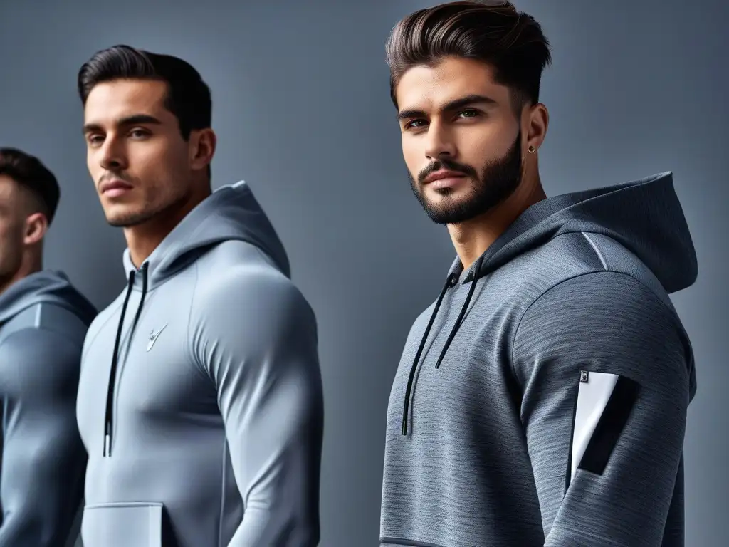 Moda athleisure: diversidad de estilos masculinos en estudio minimalista Un desfile de modelos masculinos diversos, confiados y estilosos, luciendo ropa athleisure en un estudio minimalista