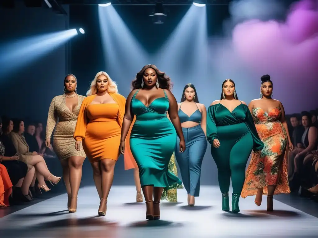 Desfile de moda plus size: diversidad y estilo pop en la pasarela Desfile de modelos de moda plus size con estilo pop en pasarela, rodeados de espectadores entusiastas y decoración llamativa