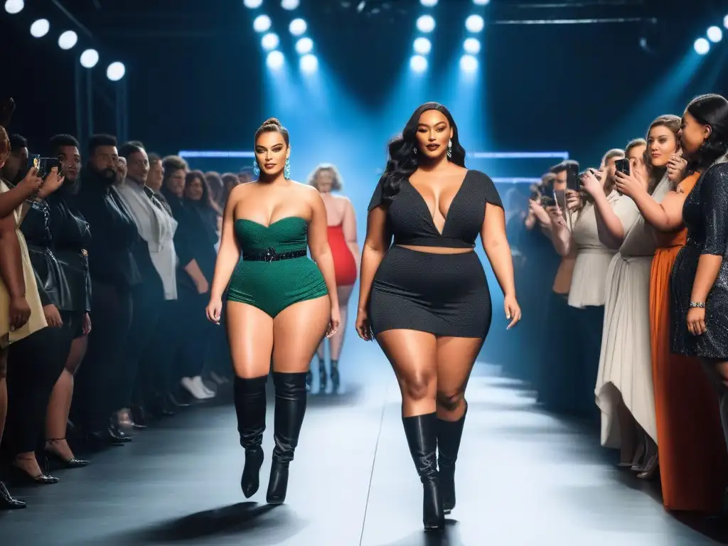 Desfile inclusivo de moda: modelos plus size empoderadas y seguras Desfile de modelos plus size con moda inclusiva en una pasarela moderna y vibrante
