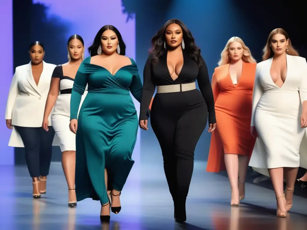 Desfile de moda plussize: Empoderamiento y diversidad en la pasarela Desfile de modelos de moda plus seguras y diversas, resaltando la importancia de la diversidad de cuerpos en la industria de la moda plus