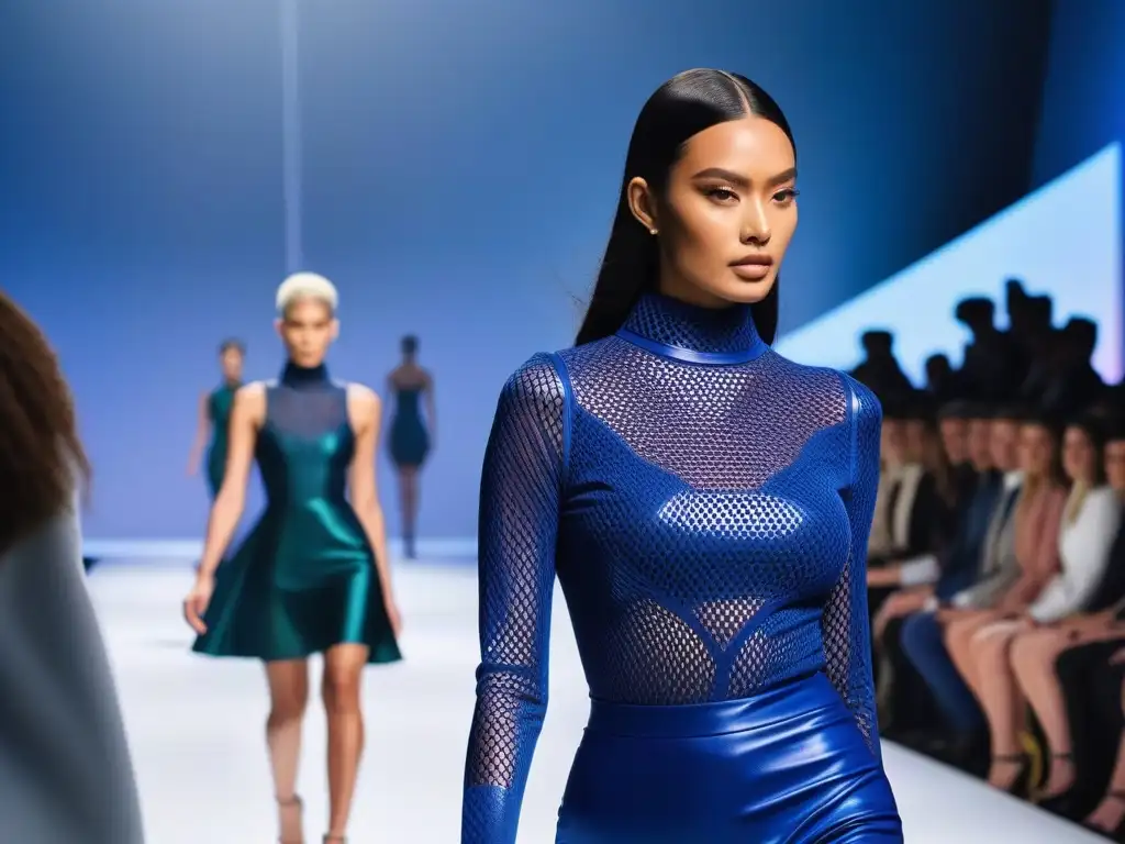 Desfile futurista: moda 3D única para cuerpos diversos Desfile de modelos con prendas personalizadas para cuerpos diversos, expresando inclusión y empoderamiento
