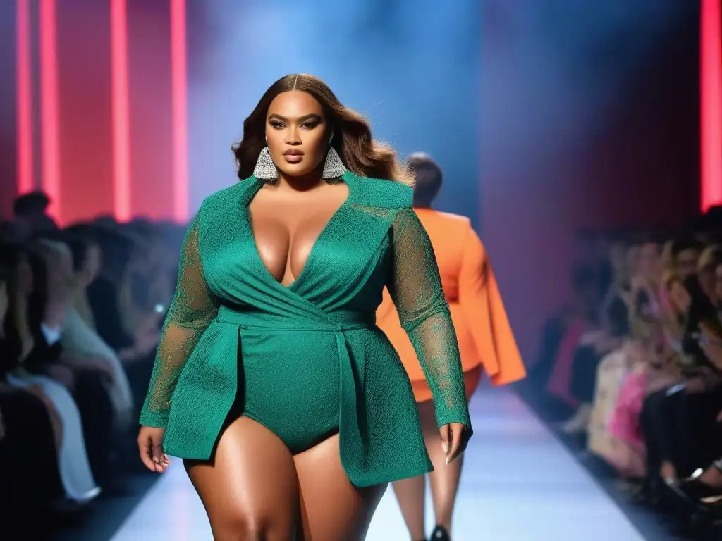 Desfile de modelos plussize: elegancia y empoderamiento Desfile de modelos plus size seguras y diversas exhibiendo looks de diseñadores