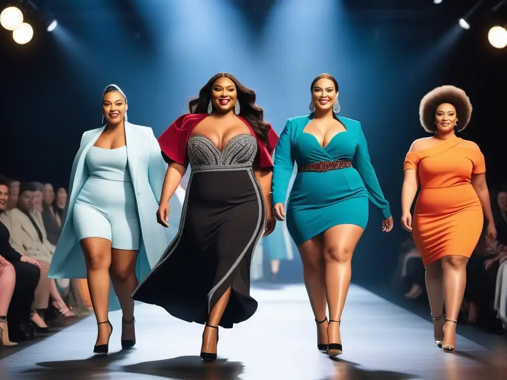 Desfile de moda inclusivo: modelos plussize empoderadas Desfile de moda plussize con modelos seguras y empoderadas en un ambiente inclusivo y vibrante