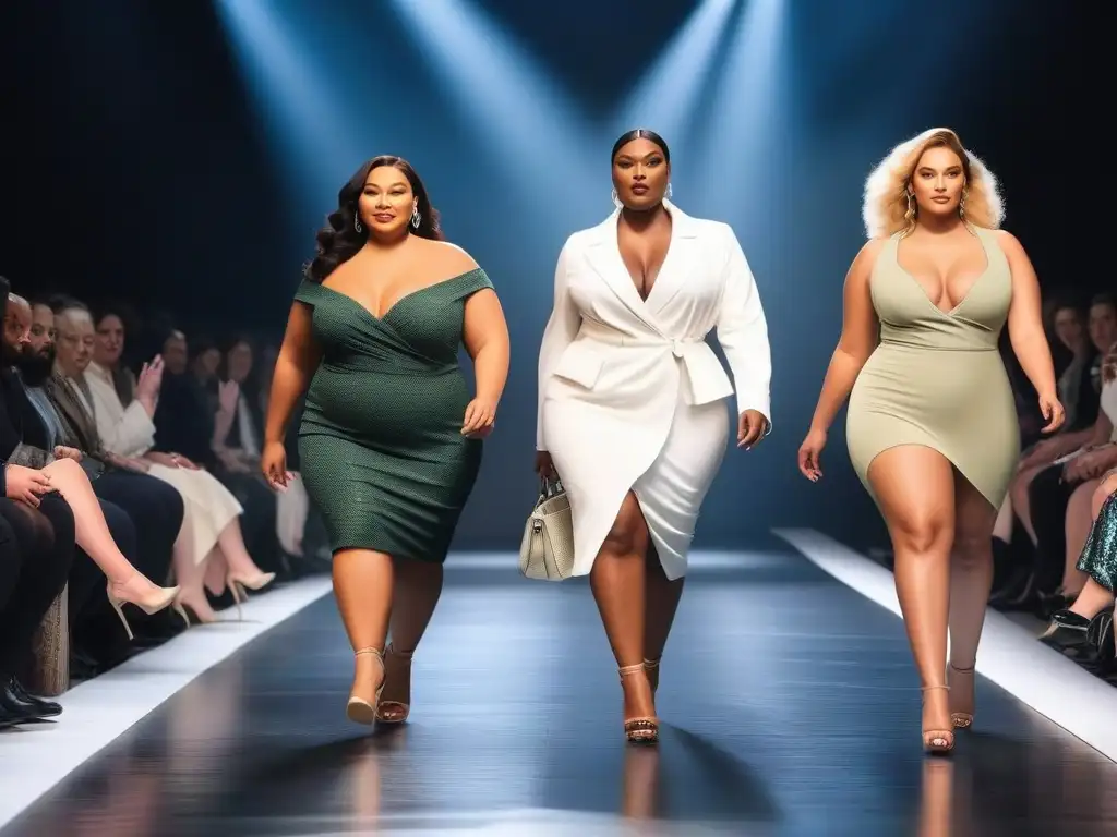 Desfile moda plus size: diversidad y empoderamiento Desfile de modelos plus size seguras, empoderadas y glamorosas, representando tendencias moda plus size inclusiva