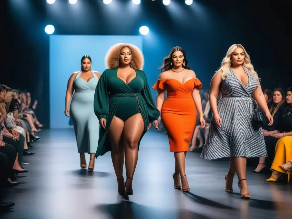 Desfile moda tallas grandes: empoderamiento y estilo inclusivo Un desfile de moda plussize con modelos seguras y empoderadas, exhibiendo diseños trendy