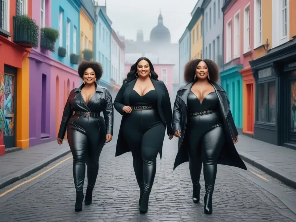 Modelos de tallas grandes empoderadas en la ciudad Un desfile de modelos de talla grande con estilo y confianza en una calle urbana colorida