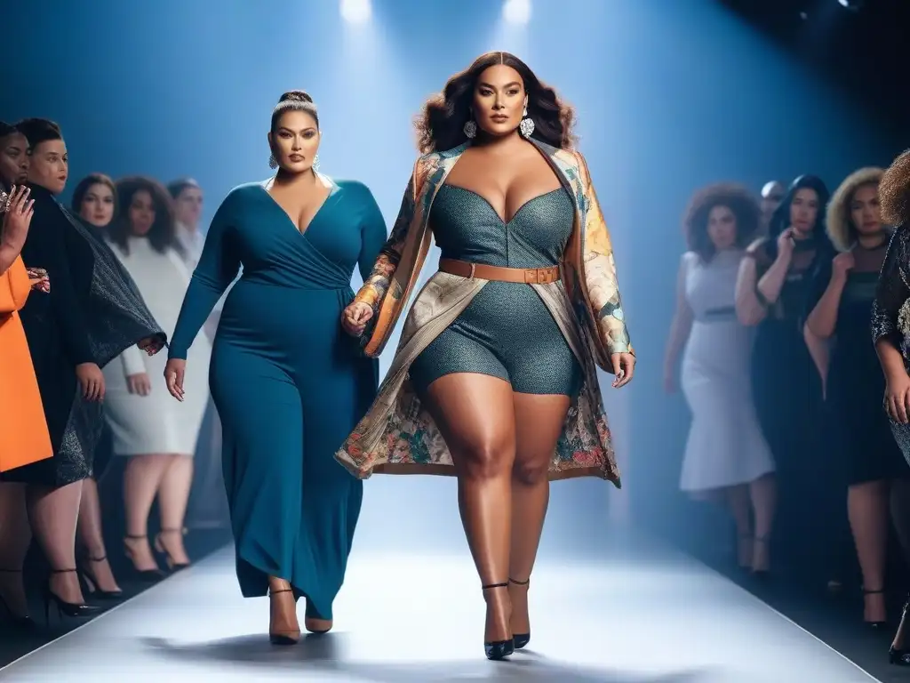 Desfile de moda plus size: diversidad y empoderamiento Desfile de modelos de talla grande inclusivas caminando con estilo en una pasarela moderna y brillante