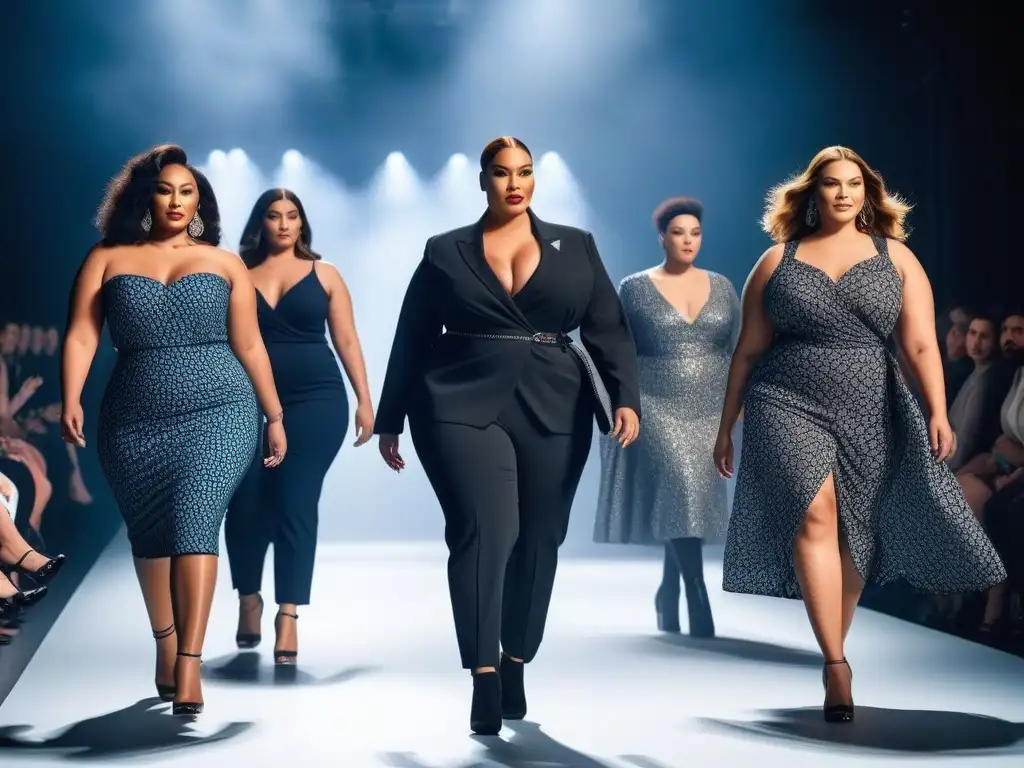 Desfile de moda alta: modelos plus size empoderadas Desfile de modelos de tallas altas con estilo, exhibiendo colaboraciones de moda para alturas, reflejando inclusividad y empoderamiento