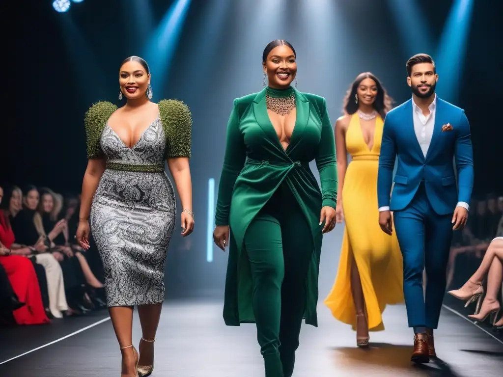 Desfile inclusivo de modelos en la pasarela Desfile de modelos de todas tallas y alturas, radiantes y seguros, en un ambiente inclusivo y empoderador de la moda