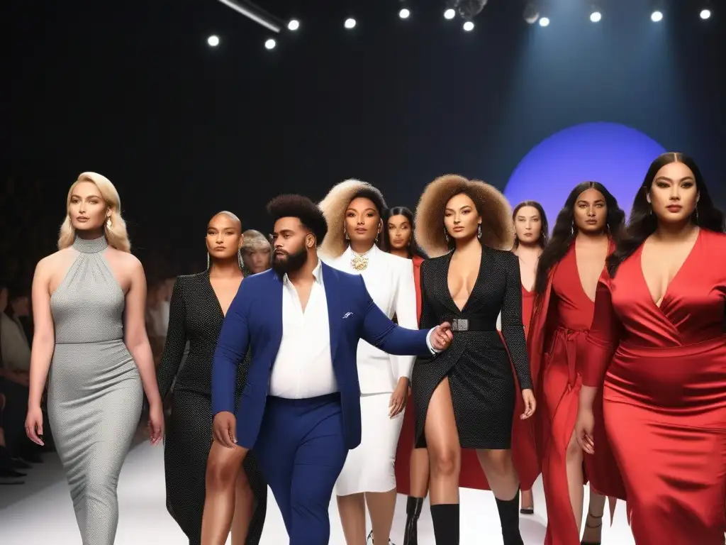 Desfile inclusivo de moda: diversidad de tallas y alturas Desfile de modelos de todas las tallas y alturas, representando la diversidad en el modelaje inclusivo todas tallas alturas