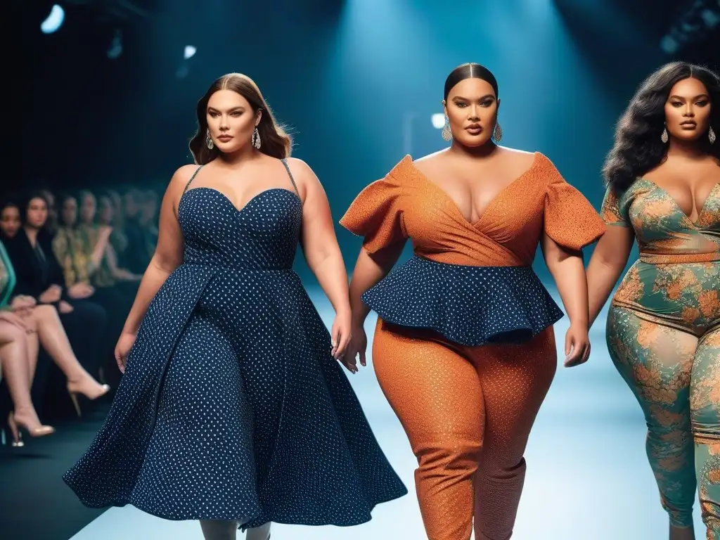 Pasarela de moda plussize: diversidad y empoderamiento Desfile de modelos de tallas especiales mostrando aplicaciones de moda y estilo inclusivo