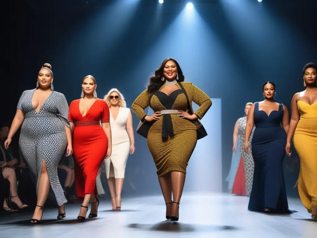 Desfile de moda inclusivo con modelos plussize empoderadas Desfile de modelos de tallas grandes inclusivas exhibiendo moda diversa en una pasarela vibrante y empoderada