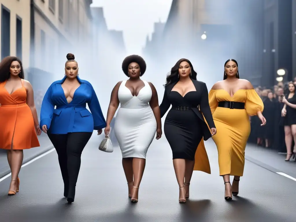 Desfile de moda inclusiva: plussize models empoderadas Desfile de modelos de tallas grandes mostrando moda inclusiva y diversa en una pasarela urbana