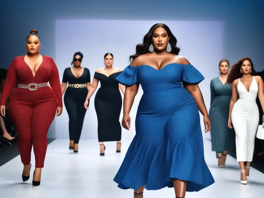 Desfile de moda plussize: elegancia y empoderamiento Desfile de modelos de tallas grandes empoderadas, elegantes y diversas, mostrando colección de moda inclusiva