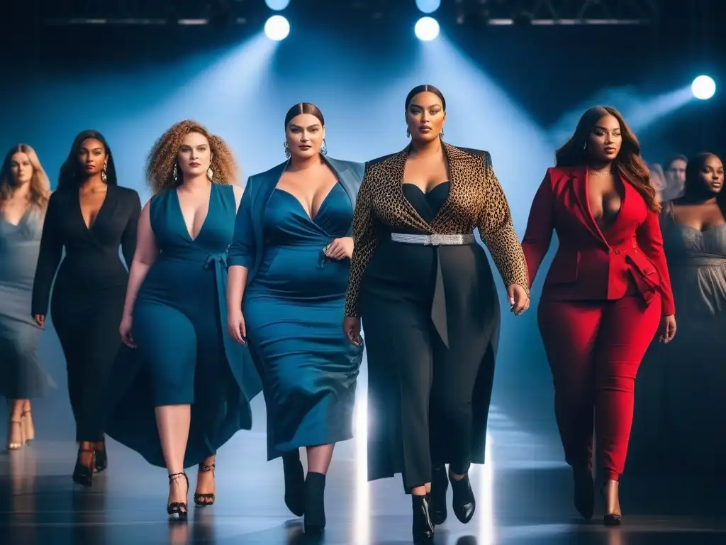 Desfile de moda plus size: empoderamiento y sostenibilidad en la pasarela Desfile de modelos de tallas grandes desfilando con moda ética, desafiando estándares y celebrando la diversidad