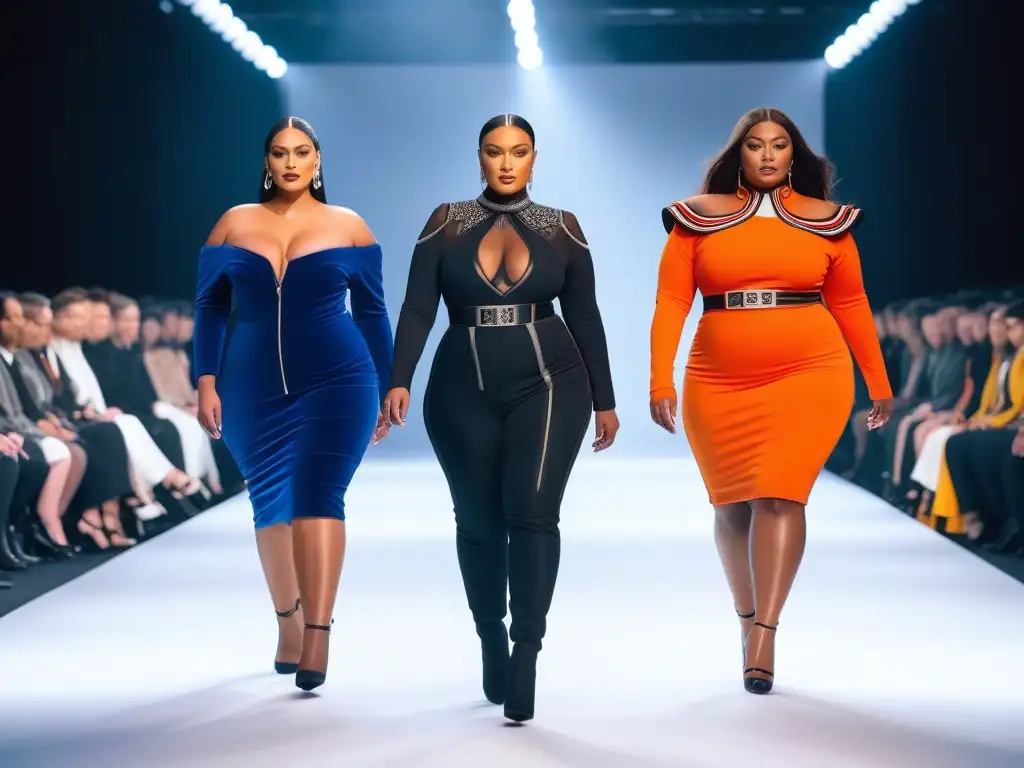 Desfile de moda inclusivo con modelos pluz size en pasarela futurista Desfile de modelos de tallas grandes inclusivas en pasarela de moda de alta gama